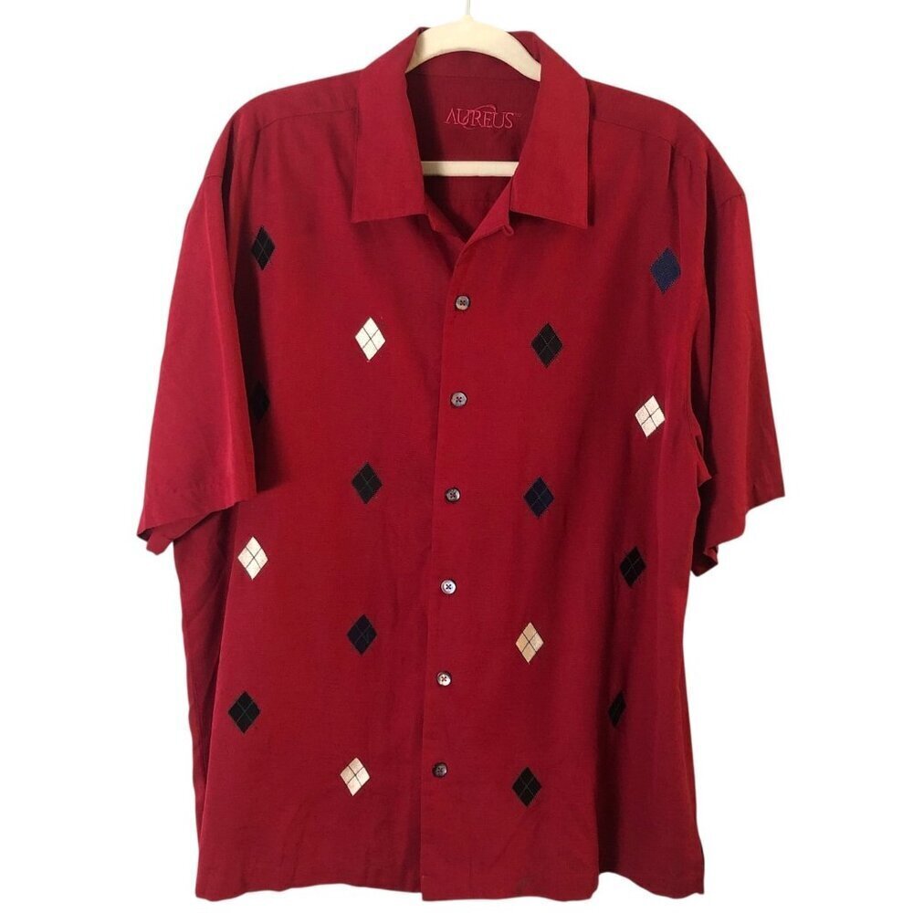 Aureus Silk Blend Short Sleeve Shirt Mens size L Red & Black Argyle Embroidered